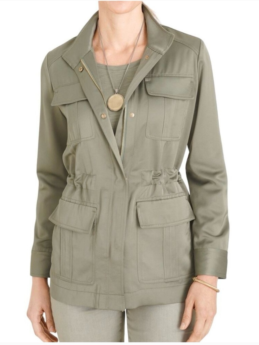 Chico's Olive Green Drawstring Waist Utility Jacket